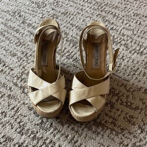 Jimmy Choo Beige Patent Leather Crisscross Wedge Sandals